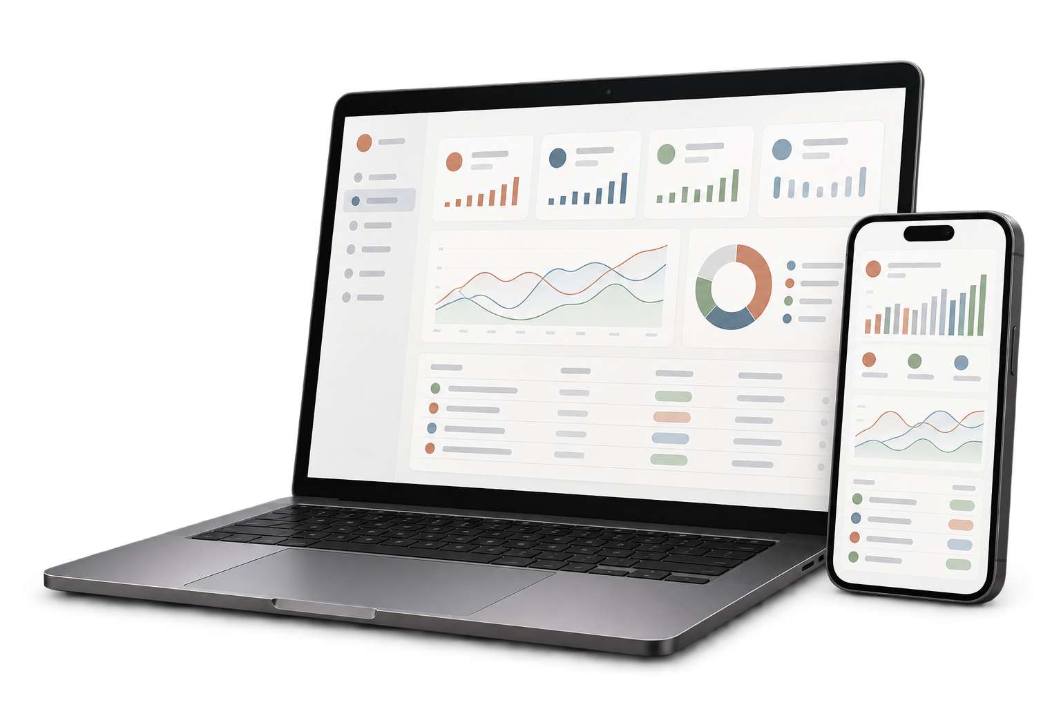 Notebook e celular exibindo painéis de software sem marca